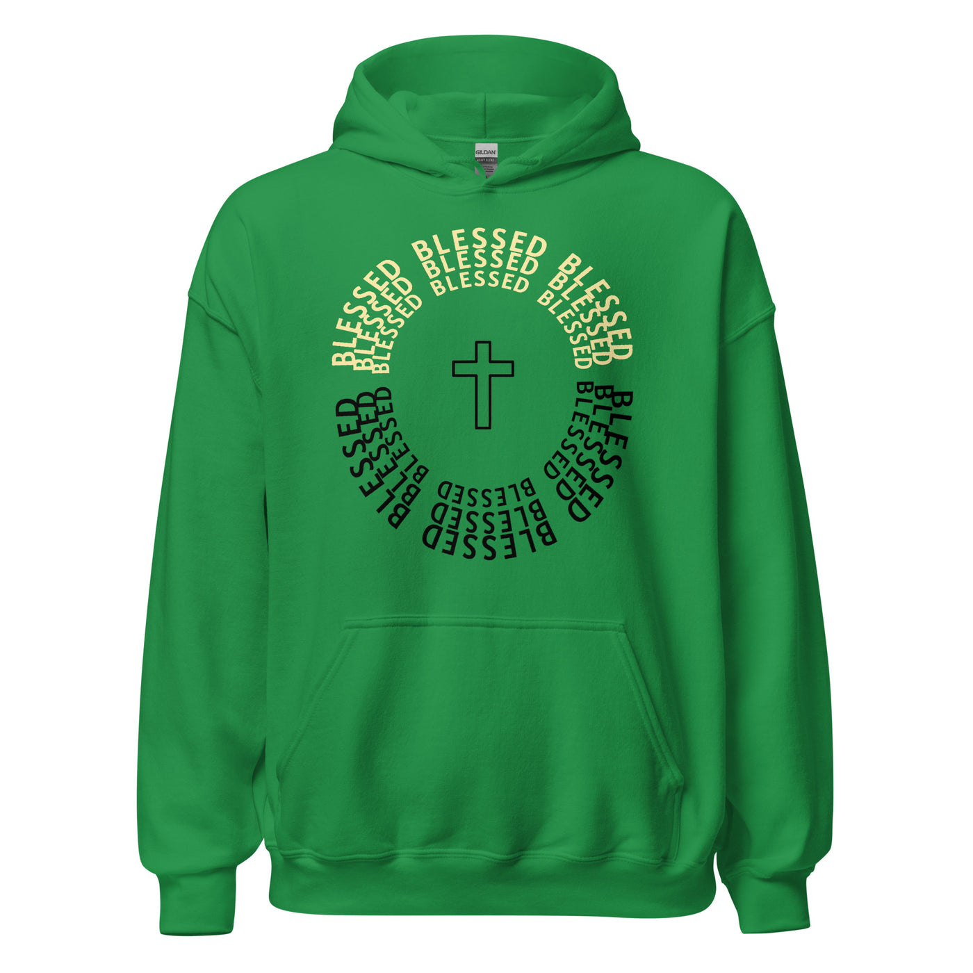 Blessed Two Tone Unisex Hoodie. The image displays the word "Blessed" in a circular shape with the colors black and light gold tone. A symbol of a cross shown in the middle. Hoodie shown in Irish green. Christian Hoodie