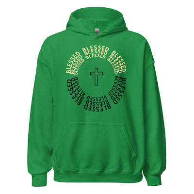 Blessed Two Tone Unisex Hoodie. The image displays the word "Blessed" in a circular shape with the colors black and light gold tone. A symbol of a cross shown in the middle. Hoodie shown in Irish green. Christian Hoodie