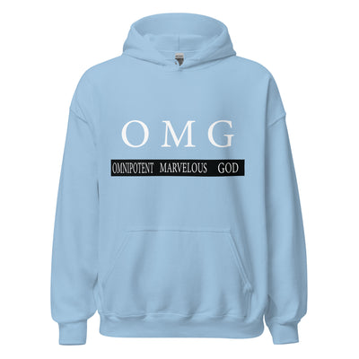 OMG Pullover Hoodie. Omnipotent Marvelous God. Hoodie is great quality and a great fit with a soft feel. Image in white and hoodie shown in light blue.