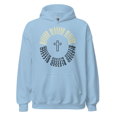 Blessed Two Tone Unisex Hoodie. The image displays the word "Blessed" in a circular shape with the colors black and light gold tone. A symbol of a cross shown in the middle. Hoodie shown in light blue. Christian Hoodie