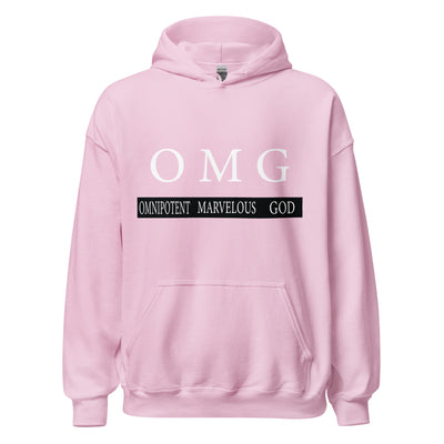 OMG Pullover Hoodie. Omnipotent Marvelous God. Hoodie is great quality and a great fit with a soft feel. Image in white and hoodie shown in light pink..