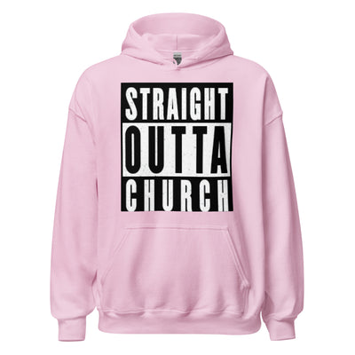 Outta Church Pullover Unisex Hoodie. Hoodie image reads "Straight Outta Church". Hoodie is quality and perfect for the cooler evenings. Hoodie shown in light pink.