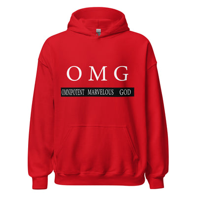 OMG Pullover Hoodie. Omnipotent Marvelous God. Hoodie is great quality and a great fit with a soft feel. Image in white and hoodie shown in red.