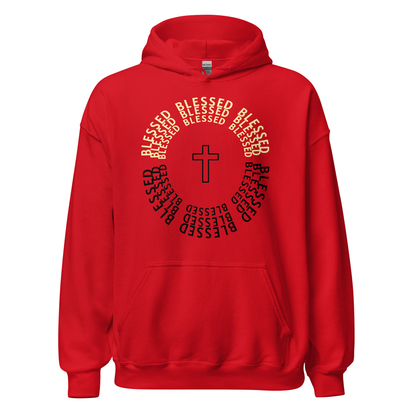 Blessed Two Tone Unisex Hoodie. The image displays the word "Blessed" in a circular shape with the colors black and light gold tone. A symbol of a cross shown in the middle. Hoodie shown in red. Christian Hoodie