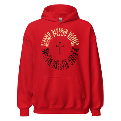 Blessed Two Tone Unisex Hoodie. The image displays the word "Blessed" in a circular shape with the colors black and light gold tone. A symbol of a cross shown in the middle. Hoodie shown in red. Christian Hoodie