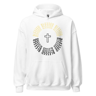 Blessed Two Tone Unisex Hoodie. The image displays the word "Blessed" in a circular shape with the colors black and light gold tone. A symbol of a cross shown in the middle. Hoodie shown in white. Christian Hoodie