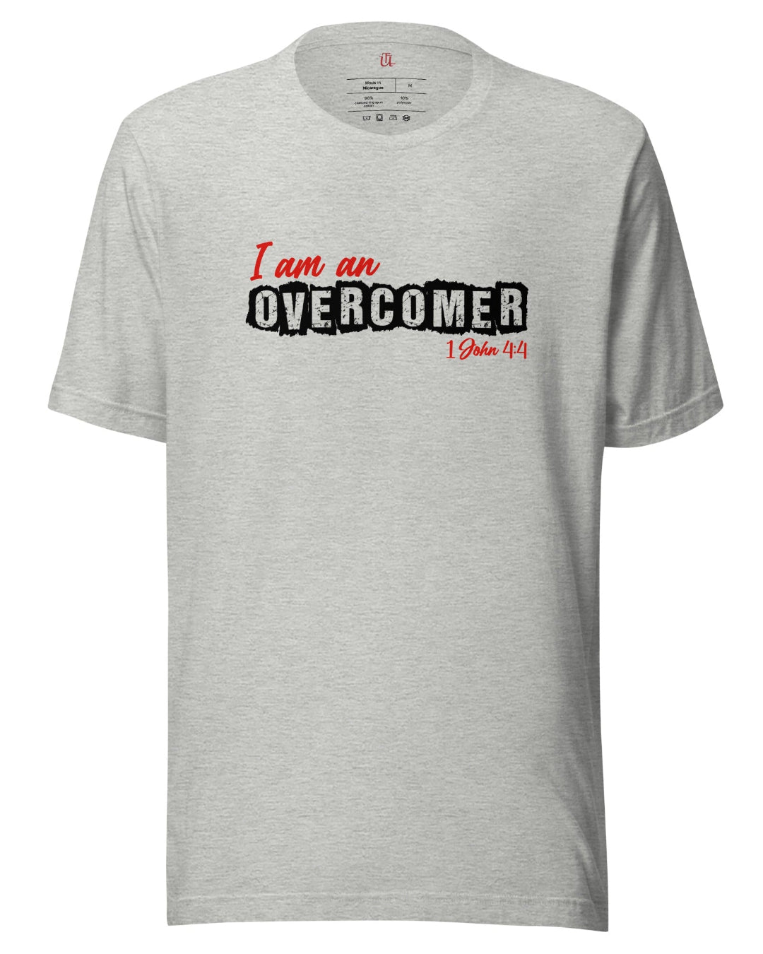 I am an Overcomer unisex t-shirt. 1 John 4:4 bible verse noted in red below image.OverComer. Cotton t-shirt, great quality and flattering fit. Image in white and red. T-shirt shown in athletic heather.