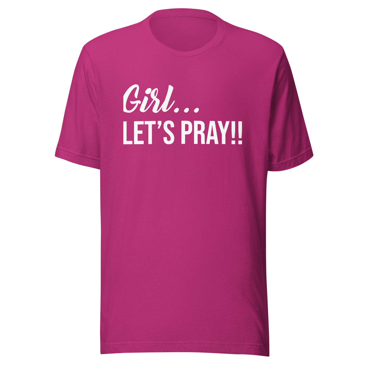 Girl Let's Pray T-Shirt. The t-shirt is quality fabric with a light weight feel. Fabric does not stick to skin during warm temperatures, but helps keep you cool. The message is displayed in white. This cotton t-shirt looks great with anything you decide to pair it with. T-Shirt shown in berry