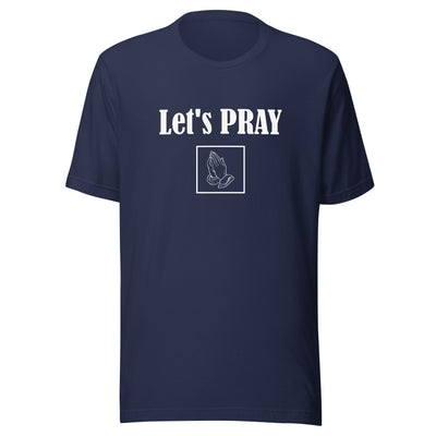 Let's Pray Men T-shirt. T-shirt shows words in white and image of praying hands in a square shape. T-shirt shown in navy.