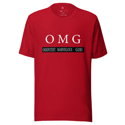 OMG Unisex t-shirt. Omnipotent Marvelous God. Cotton t-shirt, great quality and flattering fit. Image in white and t-shirt shown in red.