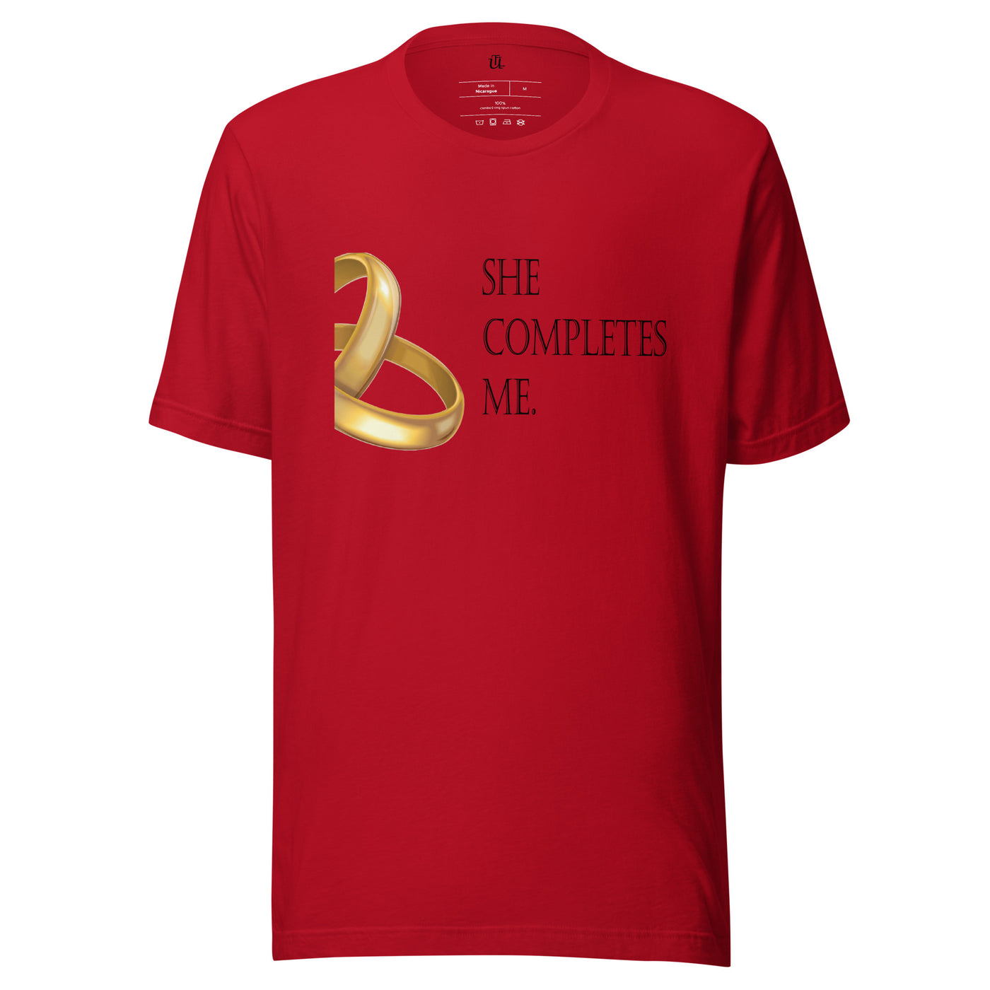 Red cotton T-shirt (for him). "She Completes Me".