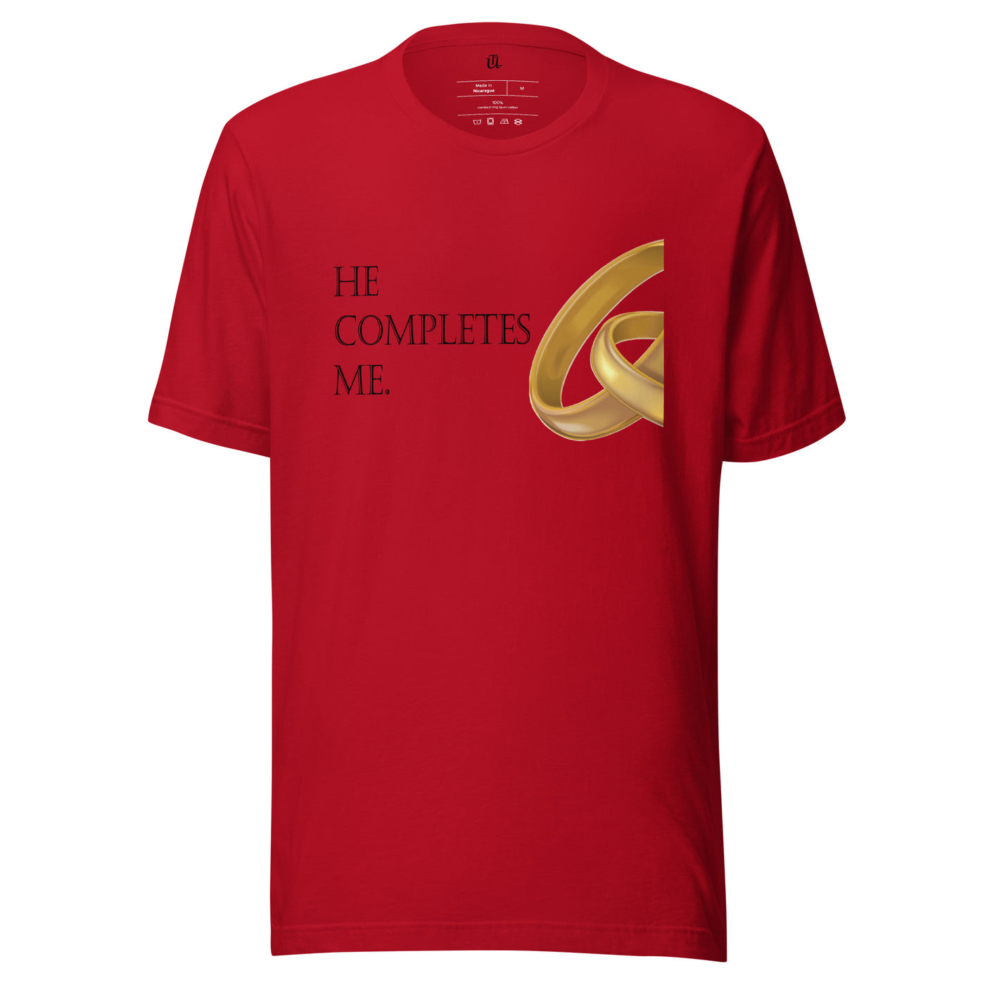 Red cotton T-shirt (for she). "He Completes Me".