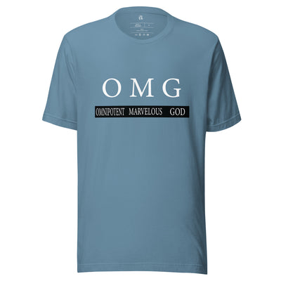 OMG Unisex t-shirt. Omnipotent Marvelous God. Cotton t-shirt, great quality and flattering fit. Image in white and t-shirt shown in steel blue