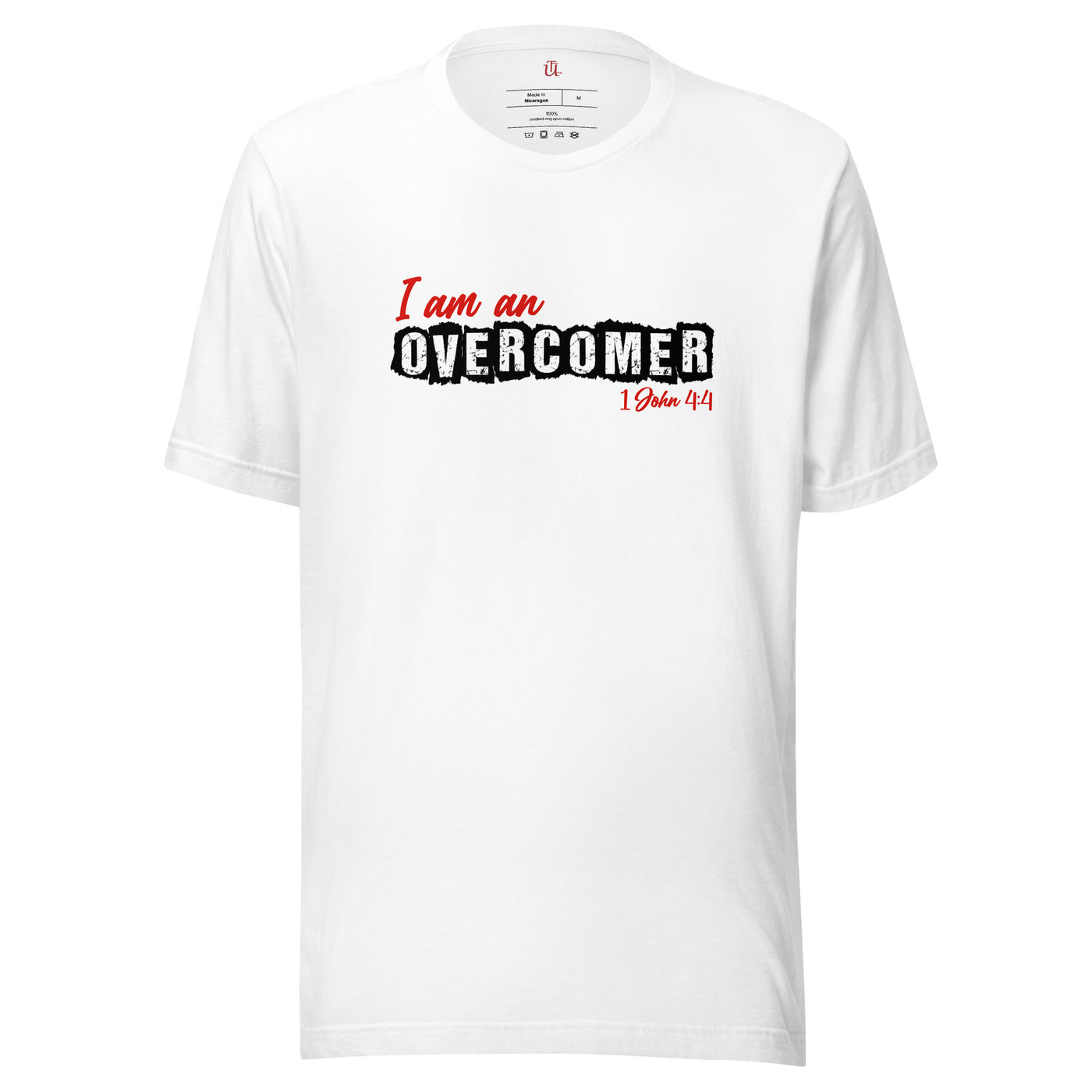 I am an Overcomer unisex t-shirt. 1 John 4:4 bible verse noted in red below image.OverComer. Cotton t-shirt, great quality and flattering fit. Image in white and red. T-shirt shown in white.