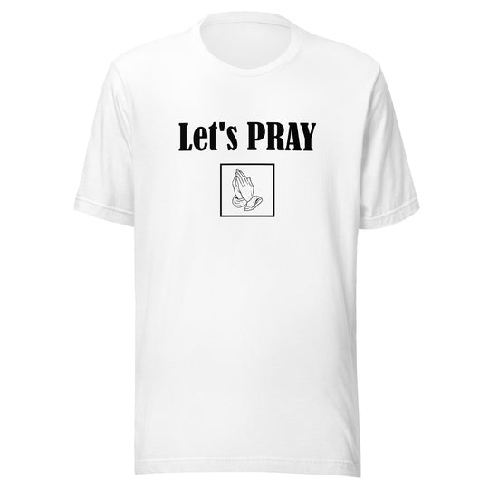 Let's Pray Men T-shirt. T-shirt shows words in black and image of praying hands in a square shape. T-shirt shown in white.