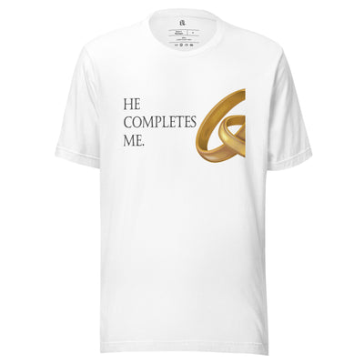 White cotton t-shirt. "He Completes Me (for her).